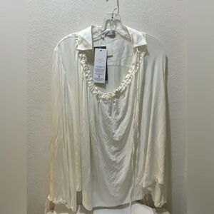 NWT palmer//harding top ivory white drawstring sleeves ruffle Collar